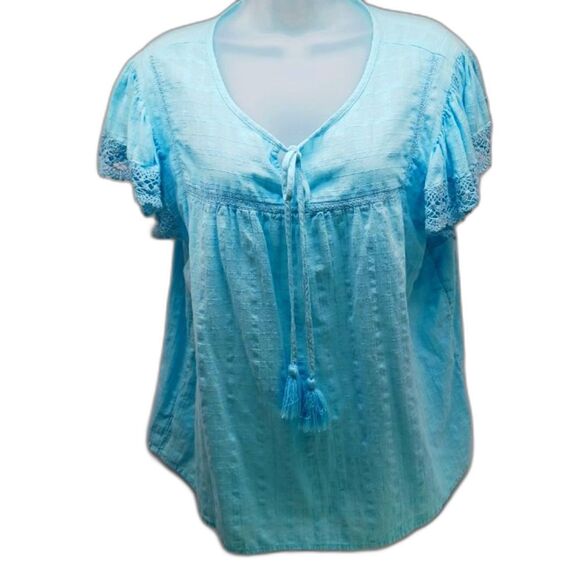 St. John's Bay Tops - St. John's Bay Baby Doll Tunic 100% Cotton Gausy Tassel Tie Embroidered Blue XL.